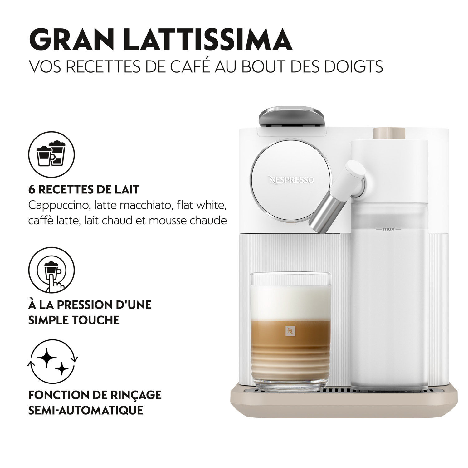 Machine à café blanche avec latte et texte sur les recettes et le rinçage semi-automatique.