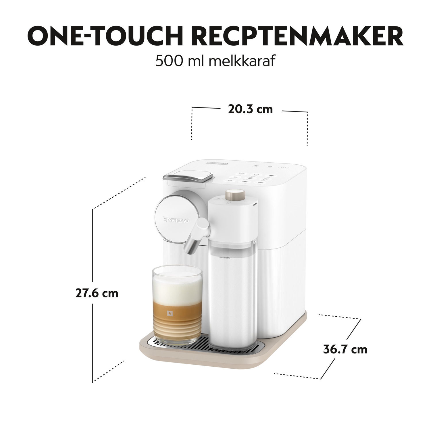 White coffee machine with dimensions labeled: 27.6cm high, 20.3cm wide, 36.7cm long.