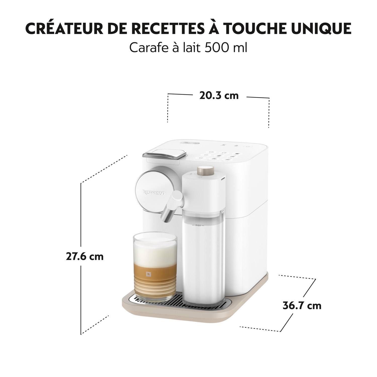 Machine à café blanche avec dimensions : 27,6 cm de haut, 20,3 cm de large, 36,7 cm de long.