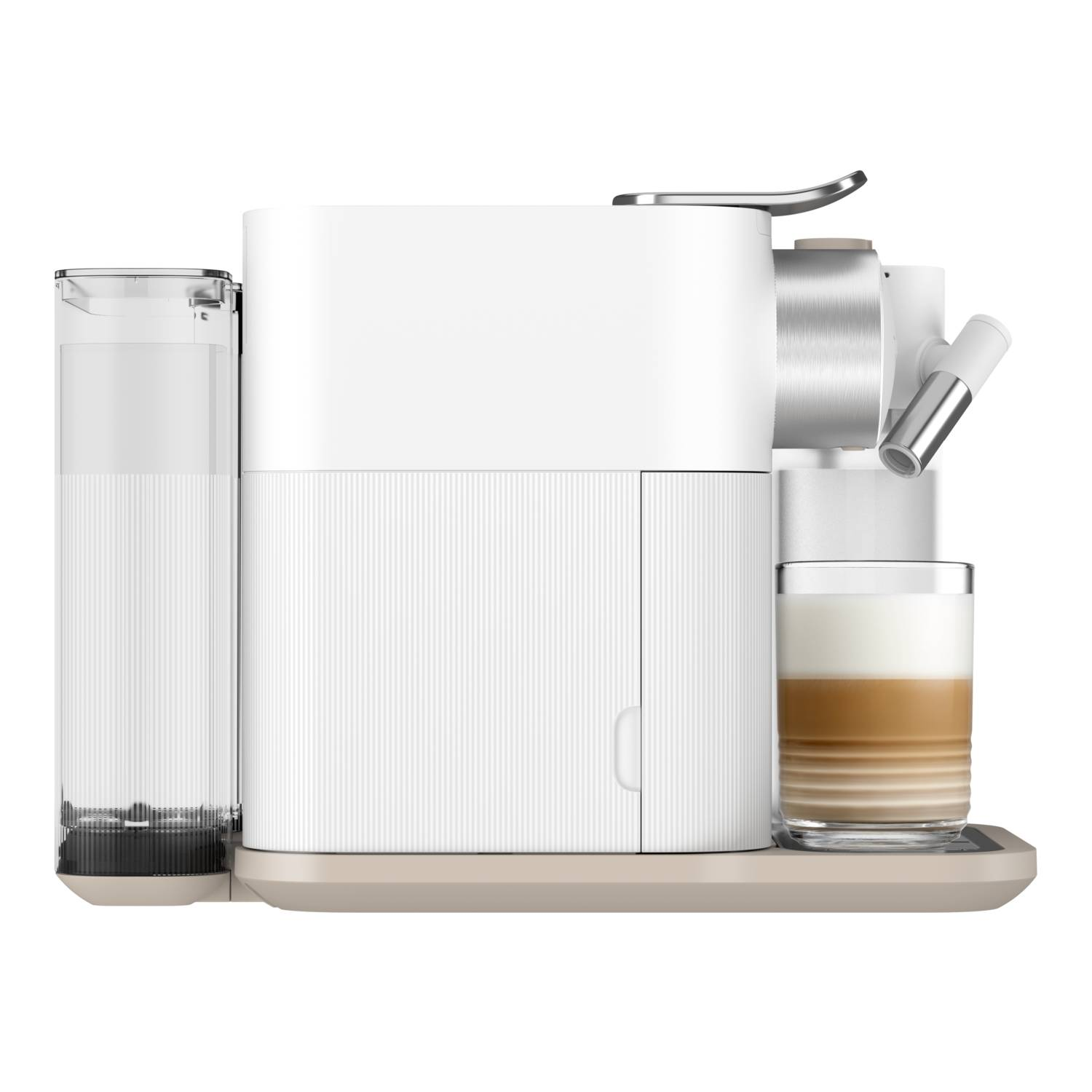 White coffee machine with a glass of latte. Features a water tank and a coffee cup on a beige tray.