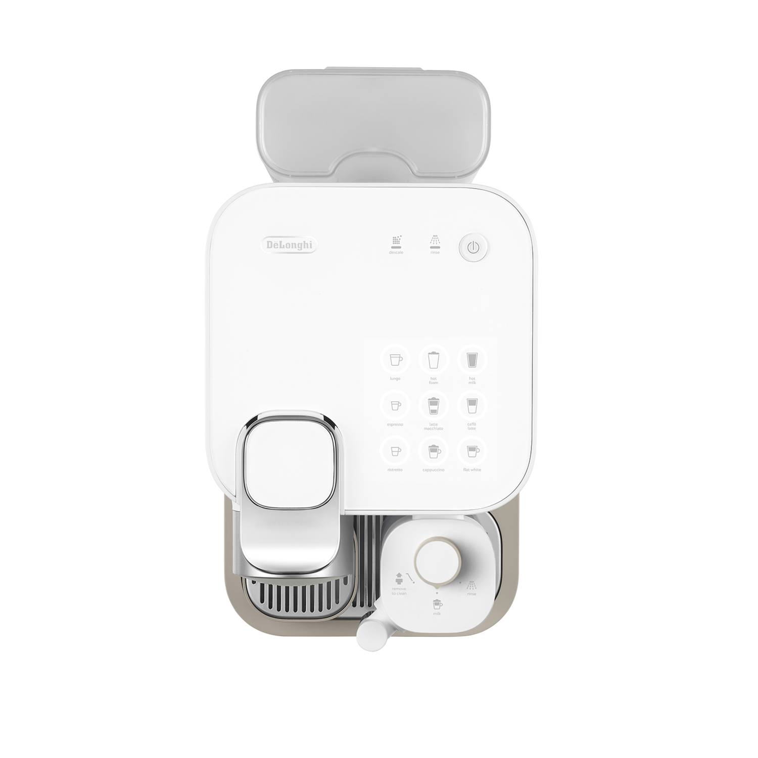 Top view of white coffee machine with buttons. Includes a water tank and a cup holder, with De'Longhi logo.