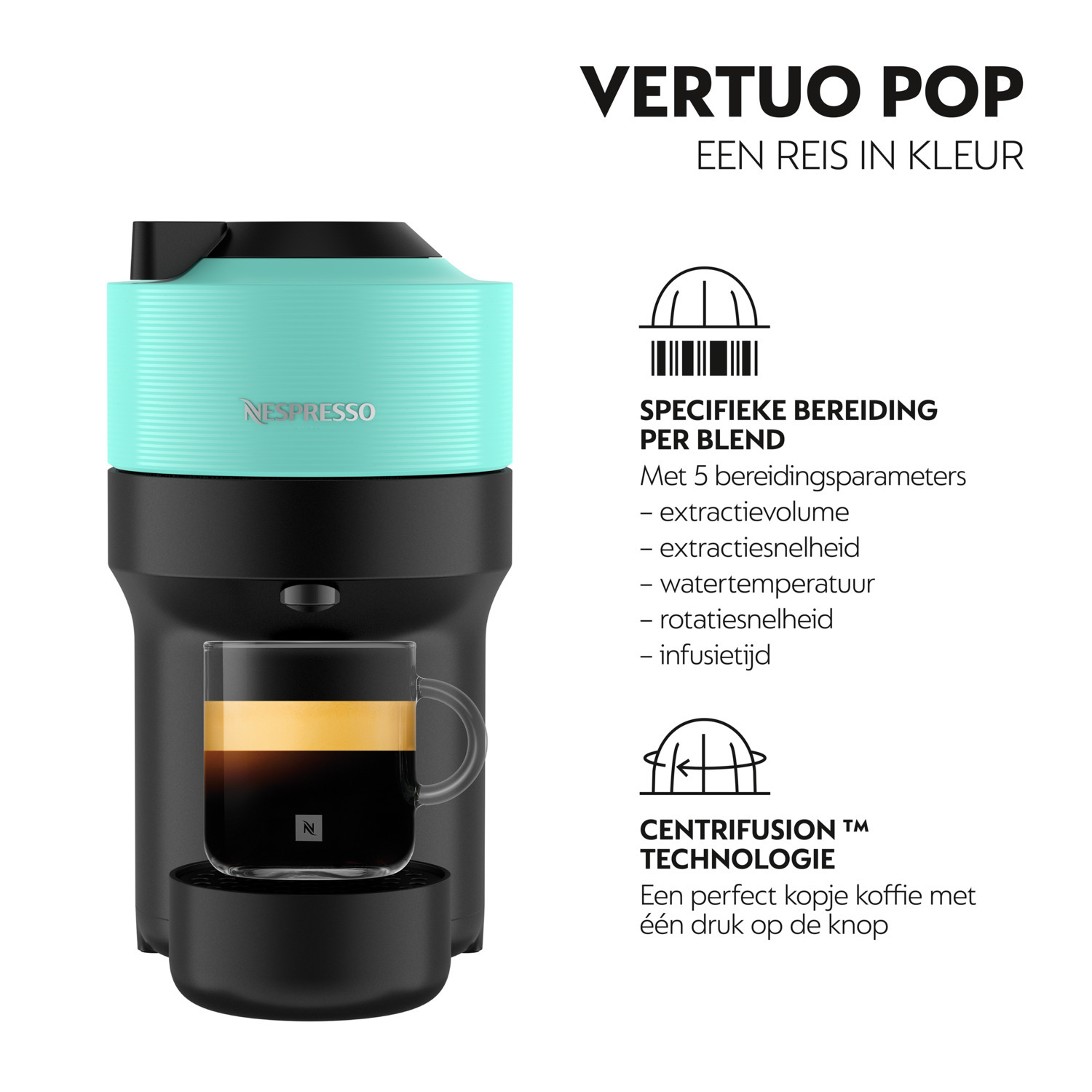 Black and teal coffee machine with a glass of coffee. Text describes features, including 5 brewing parameters.