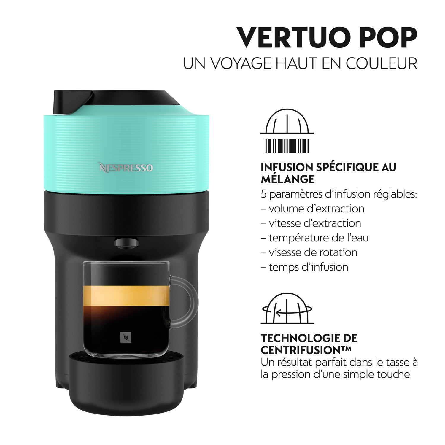 Machine à café noire et turquoise avec café. Texte décrivant les caractéristiques, dont paramètres d'infusion.