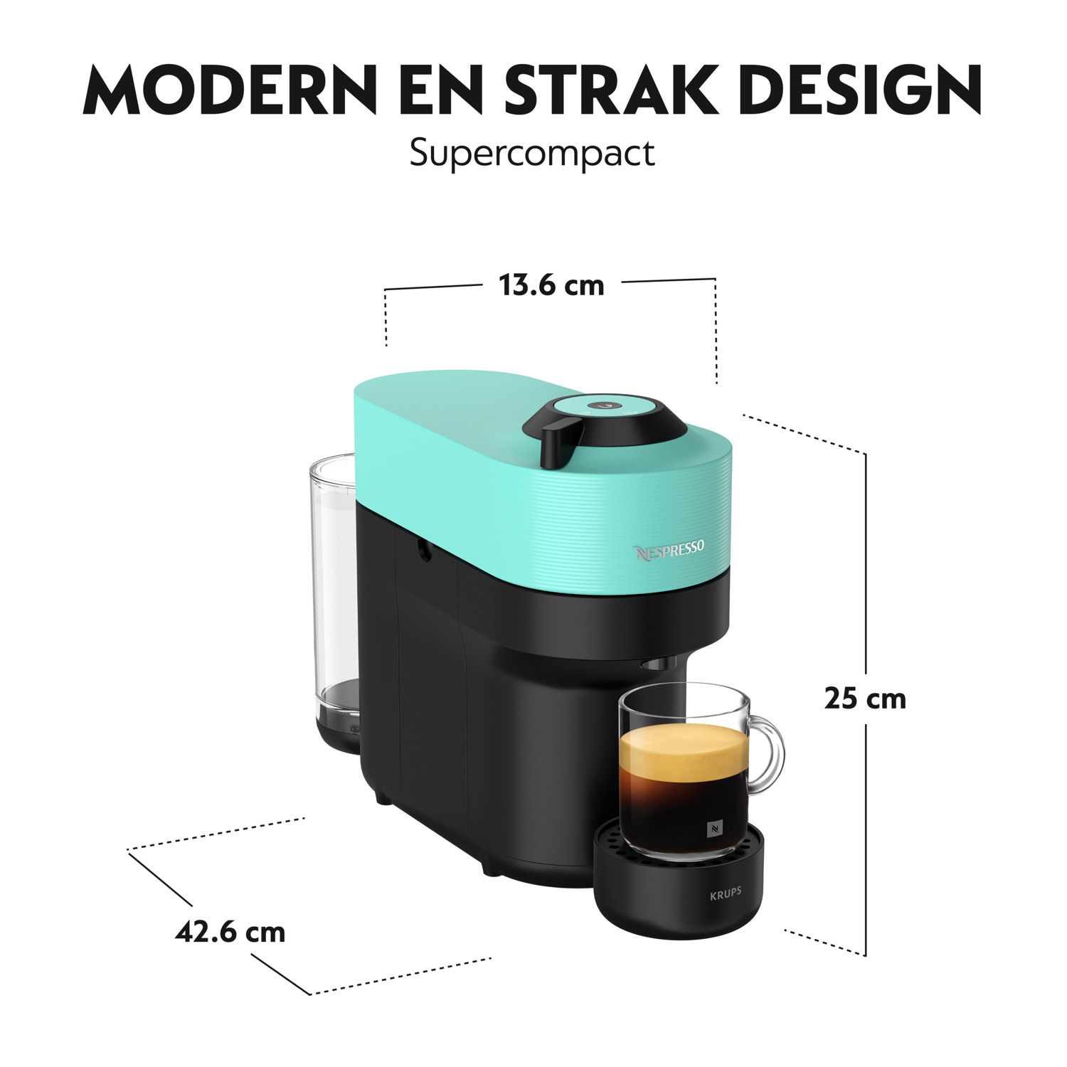 Black and teal coffee machine, with measurements. Shows dimensions: 42.6 cm, 25 cm, and 13.6 cm.