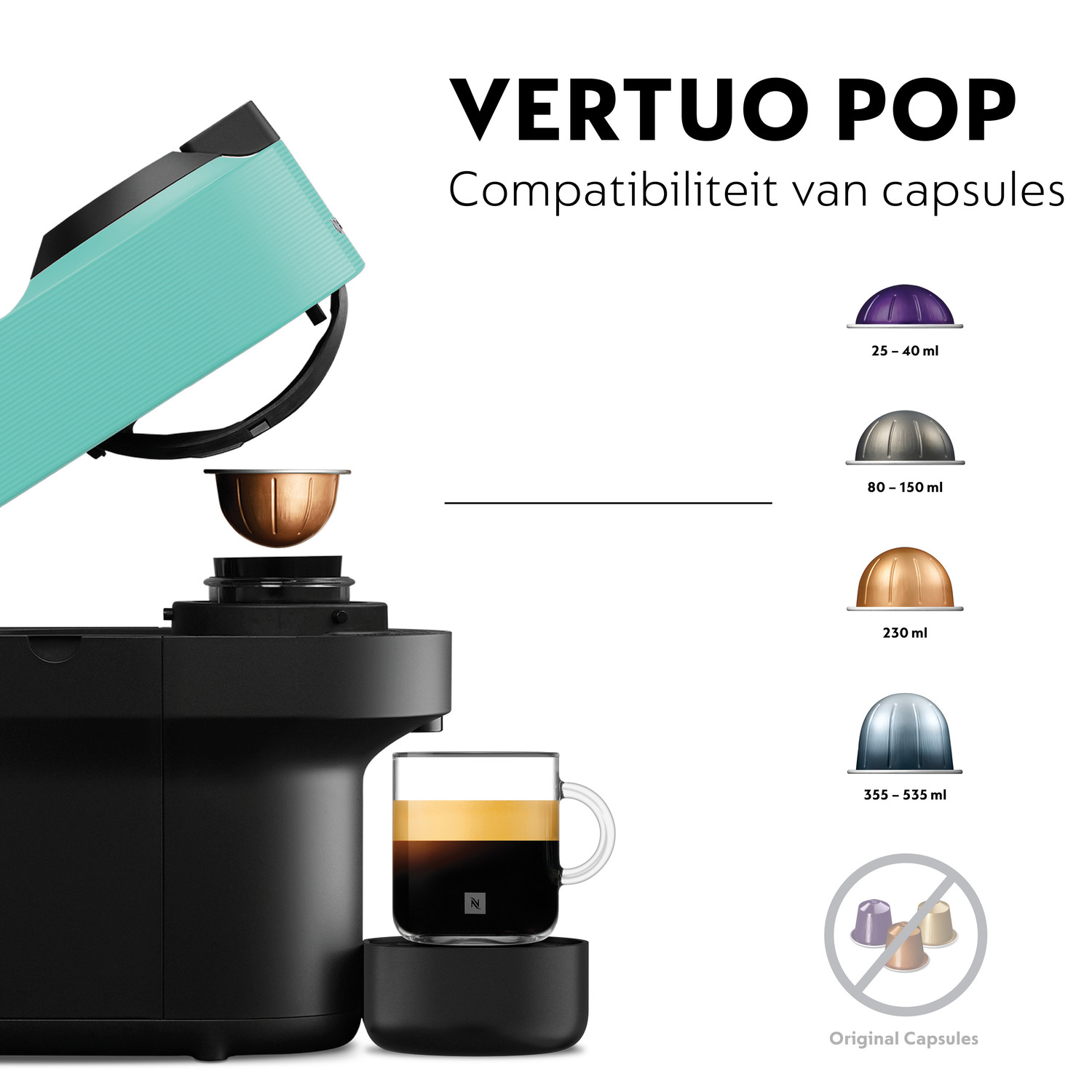 Black and teal coffee machine with capsules. Shows compatible capsule sizes: 25-535 ml.