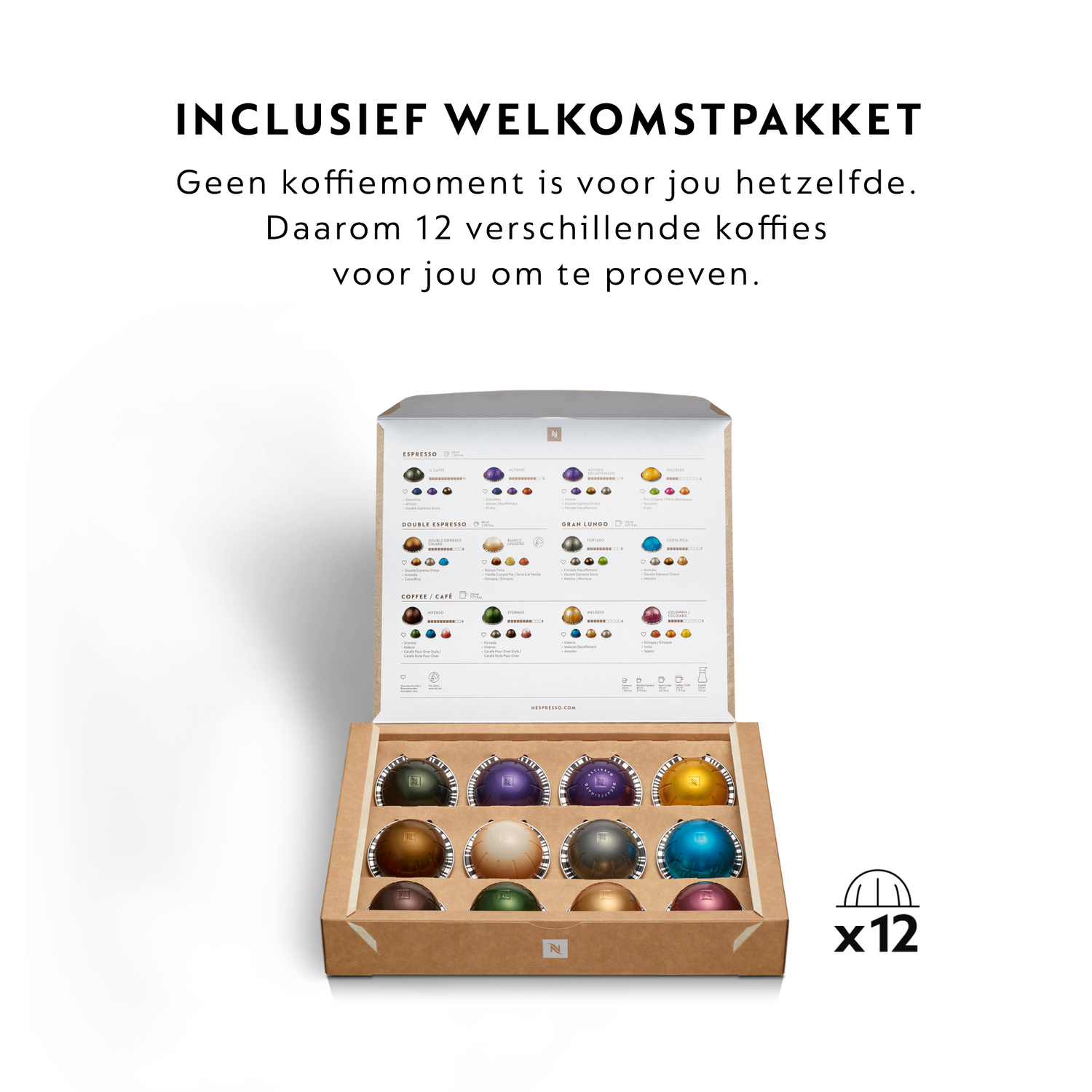 Box of Nespresso pods, open with various colorful pods visible, text stating 'Welcome Pack'.