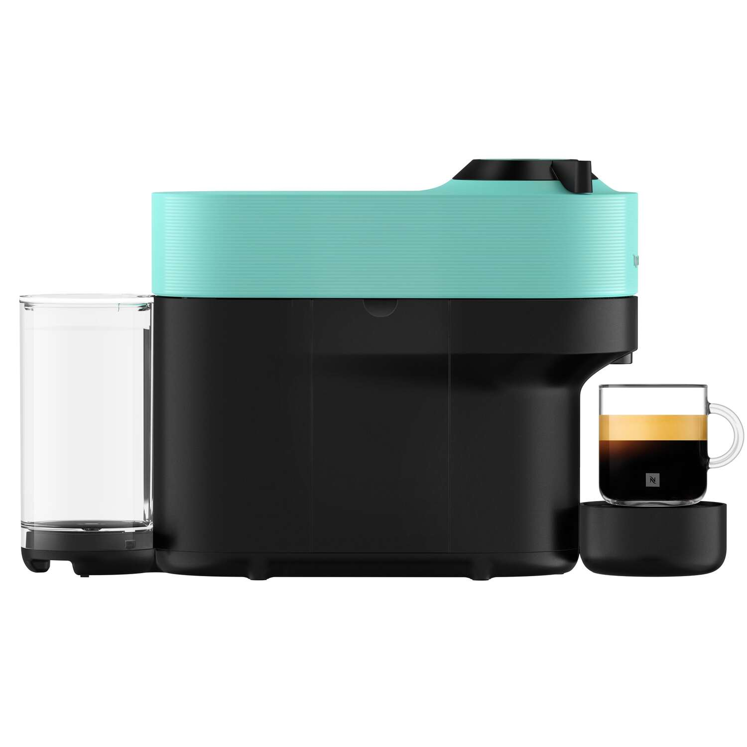 Black and turquoise Nespresso Vertuo Pop machine with a cup of coffee.
