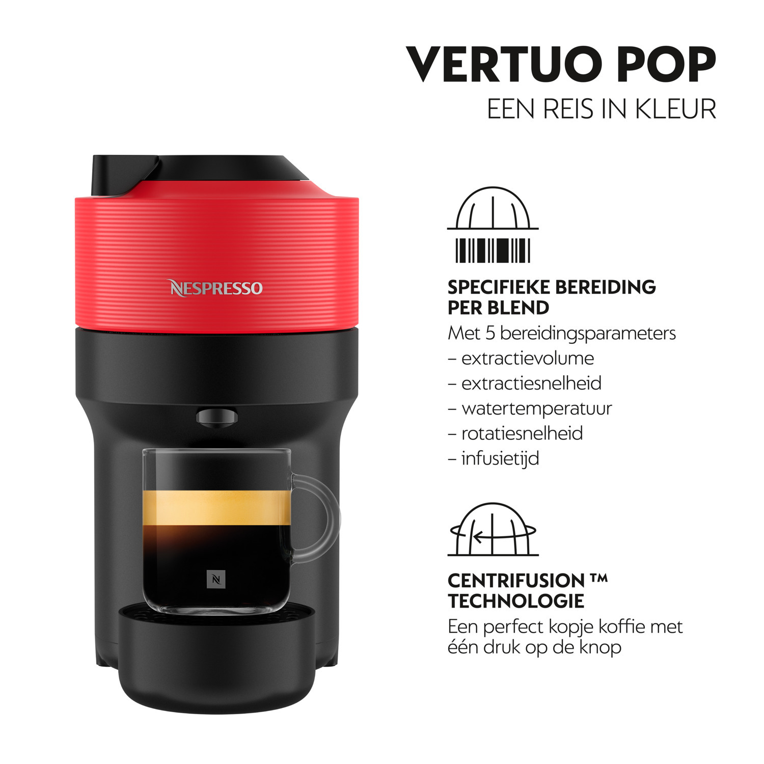 Red Nespresso Vertuo Pop machine, coffee in a cup, and text about preparation and Centrifusion.