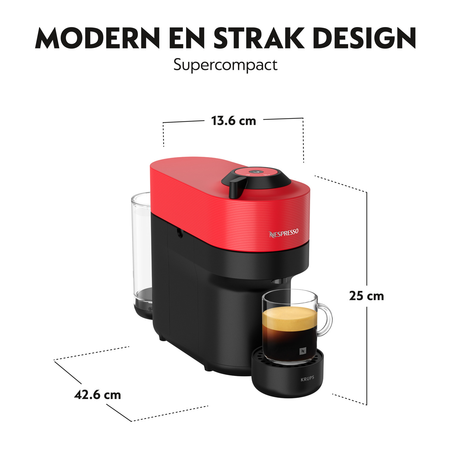 Red Nespresso machine with measurements 42.6cm, 13.6cm, and 25cm, on white background.