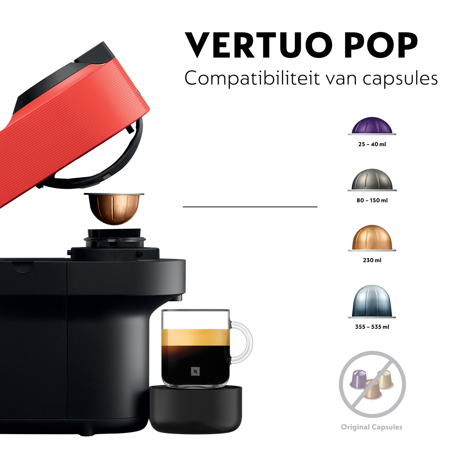 A black and red coffee machine with capsule sizes displayed next to it.