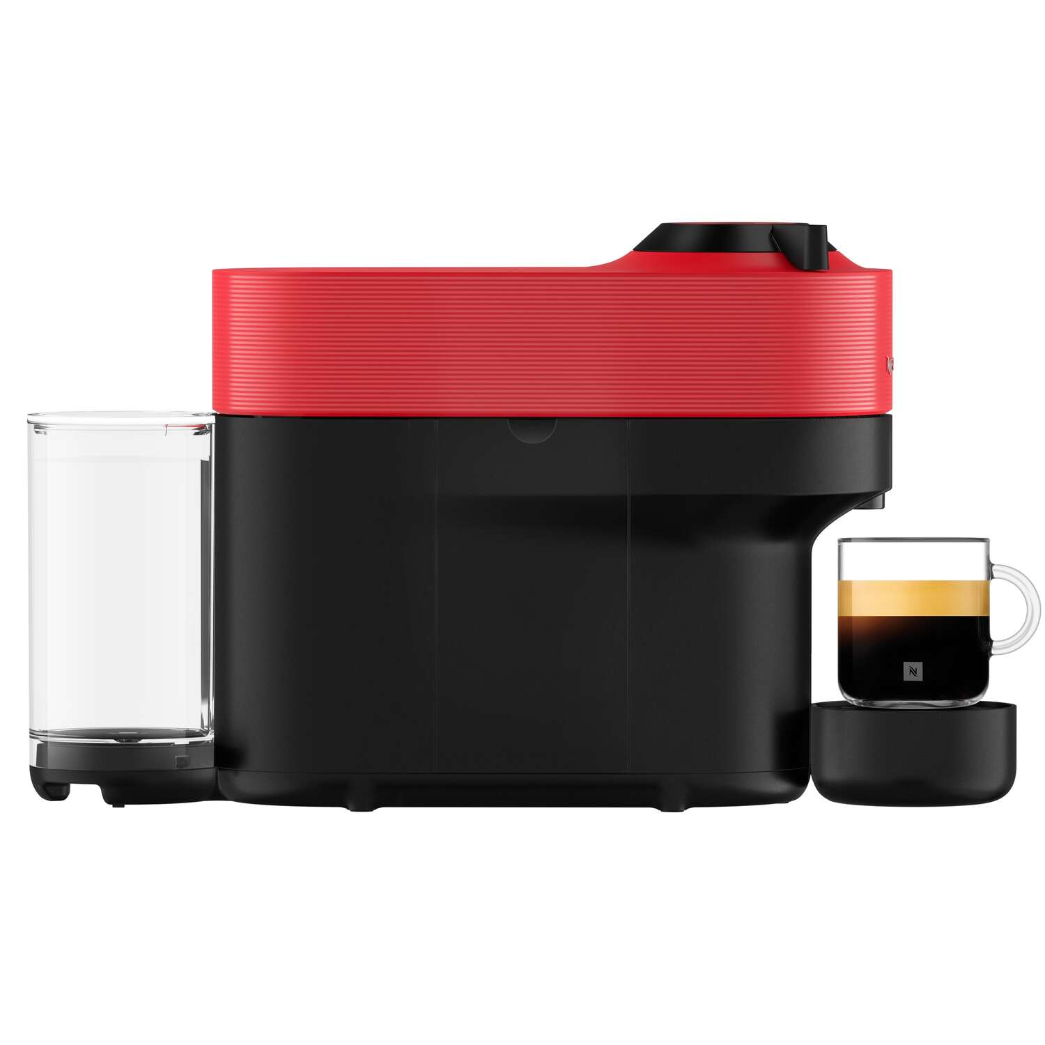 A red and black Nespresso machine with a coffee cup.
