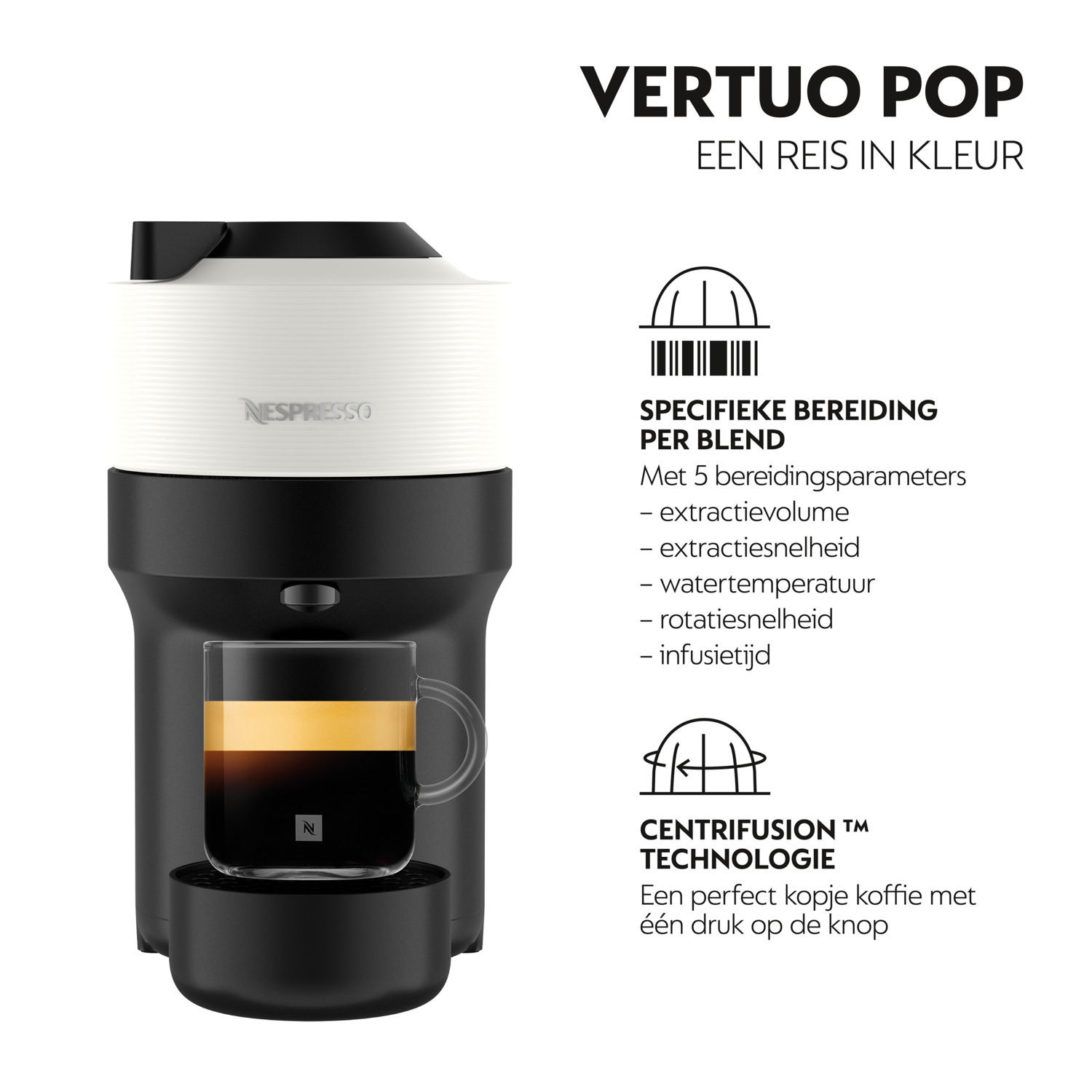 A white and black Nespresso machine with a coffee cup with text.