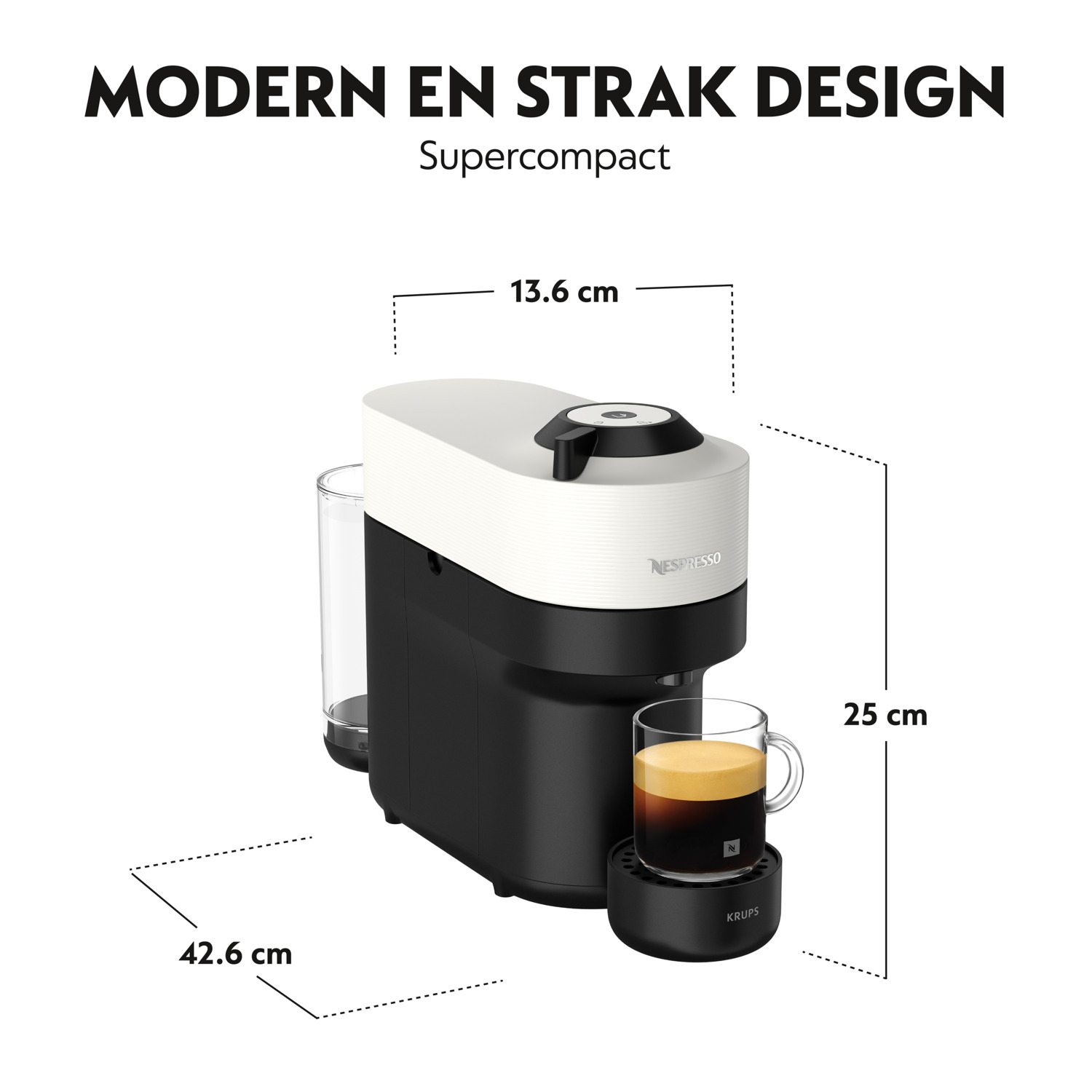 A white and black Nespresso machine with dimensions and a coffee cup.