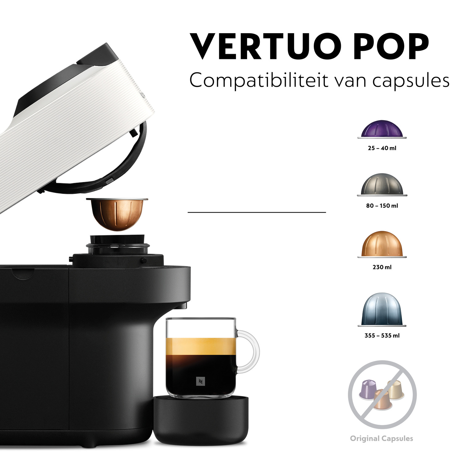 Coffee machine with capsules. White and black color scheme. Text overlay with capsule sizes.