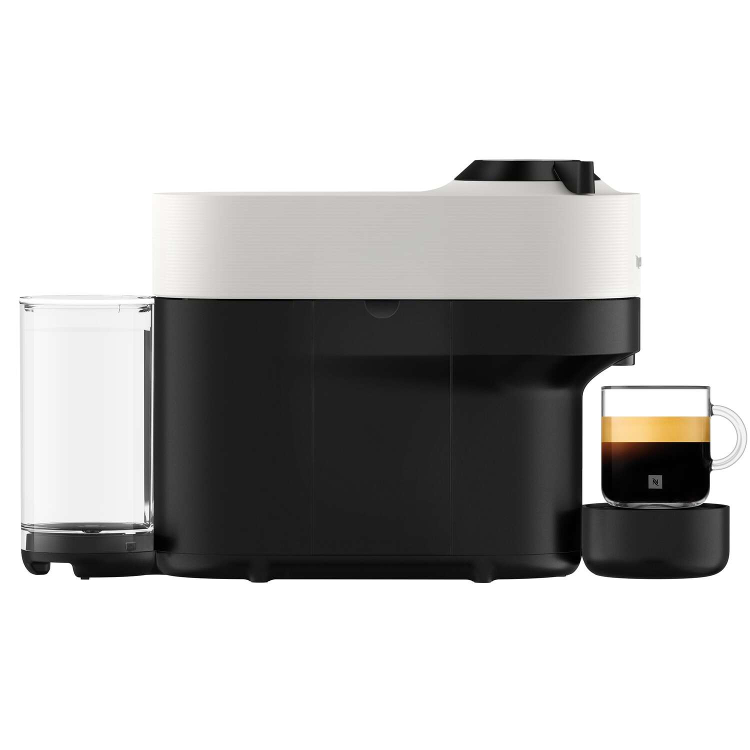 Black and white coffee machine with glass. Coffee cup on the right side. Water tank on the left.