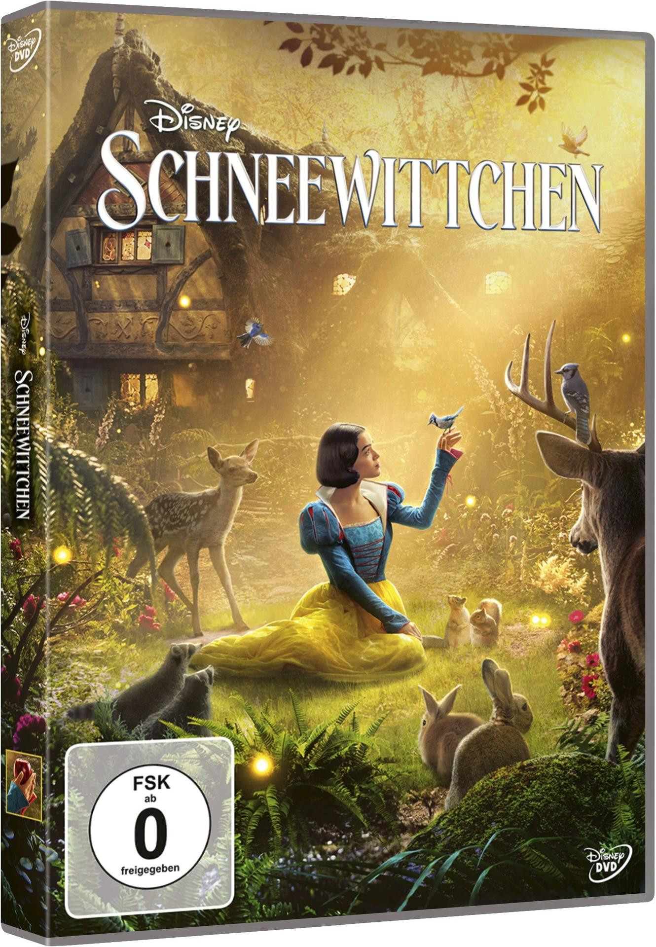 Schneewittchen DVD-Cover mit Schneewittchen, Tieren und einem Haus im Hintergrund.