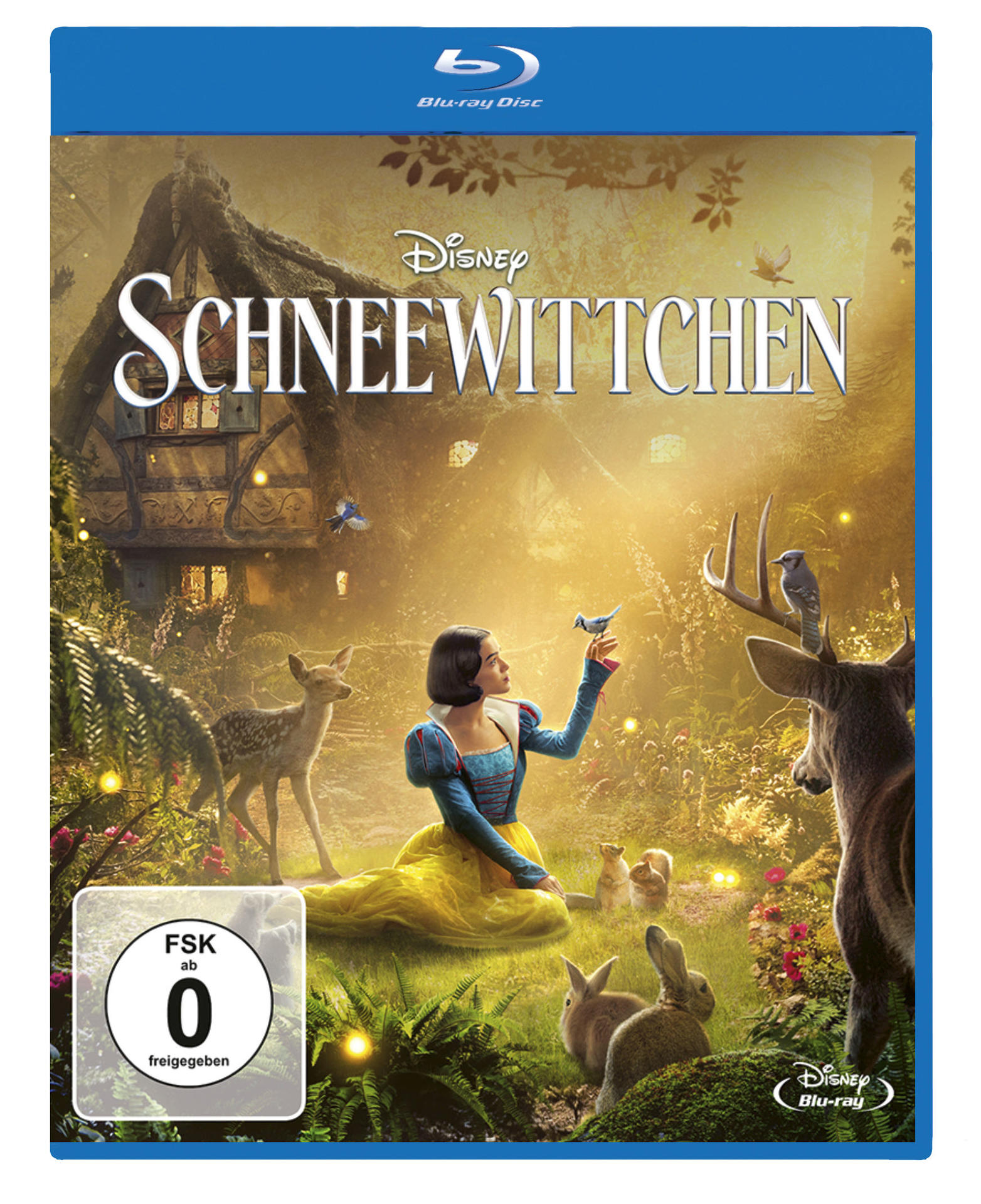 Schneewittchen Blu-ray-Cover mit Schneewittchen, Tieren und einem Haus im Hintergrund.