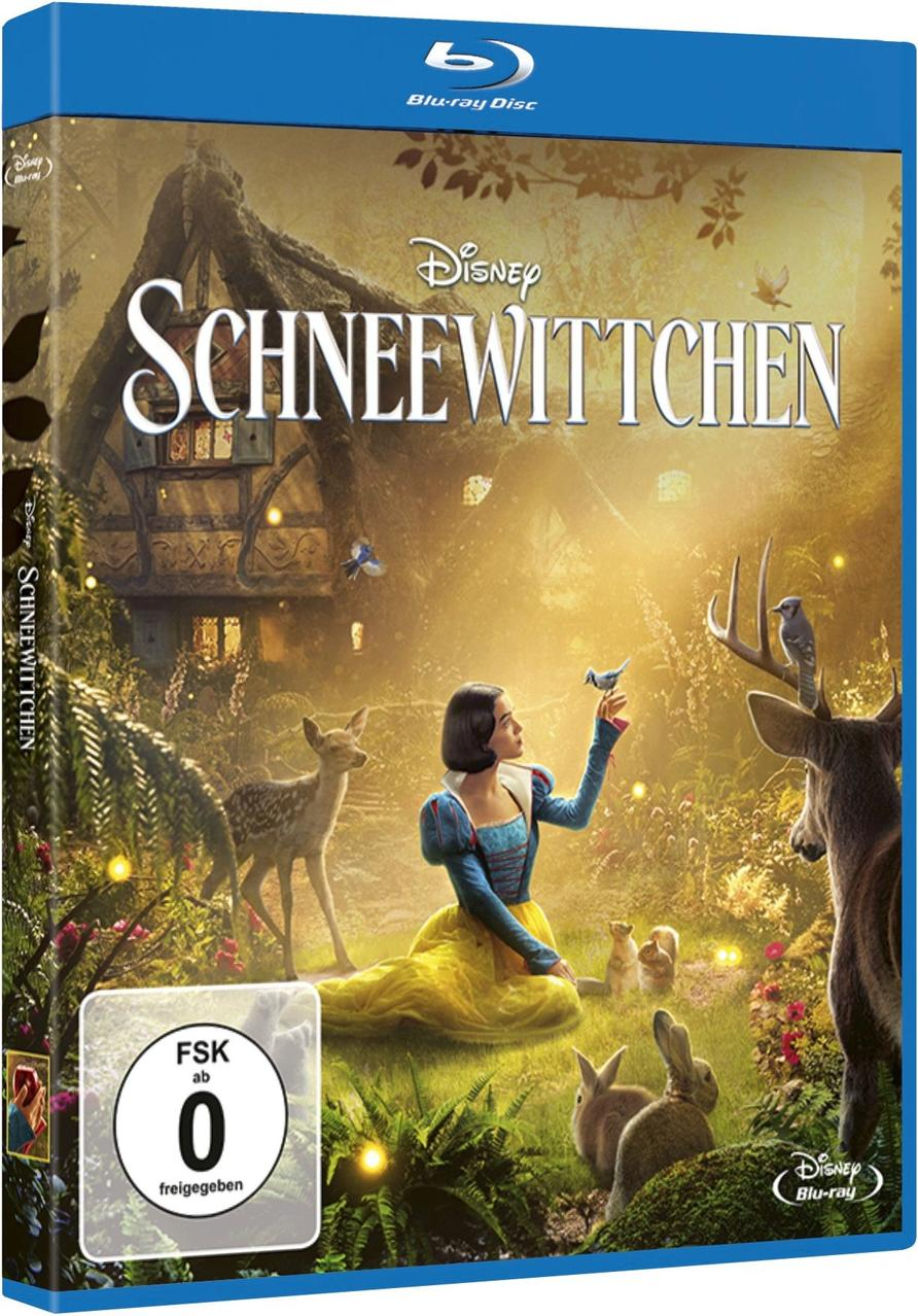 Schneewittchen Blu-ray-Cover mit Schneewittchen, Tieren und einem Haus im Hintergrund.