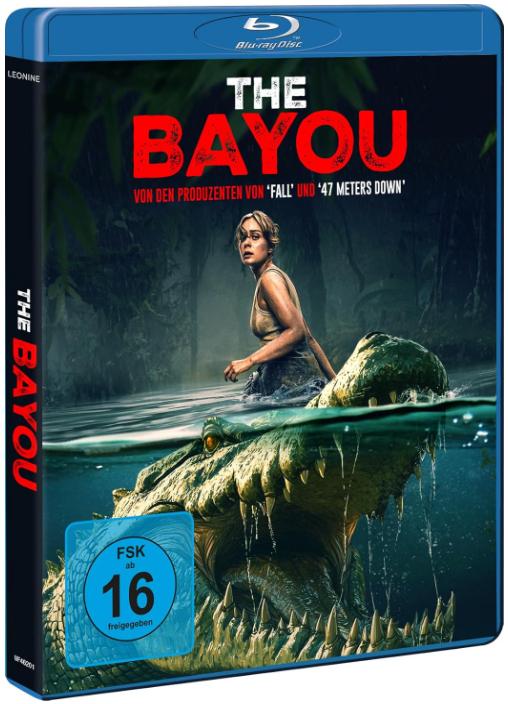 Filmcover: Eine Frau rennt vor einem Alligator im Wasser davon. Der Titel "THE BAYOU" und FSK 16.