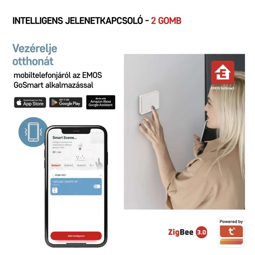 Egy mosolygó nő telefont tart, és a villanykapcsolókra néz.