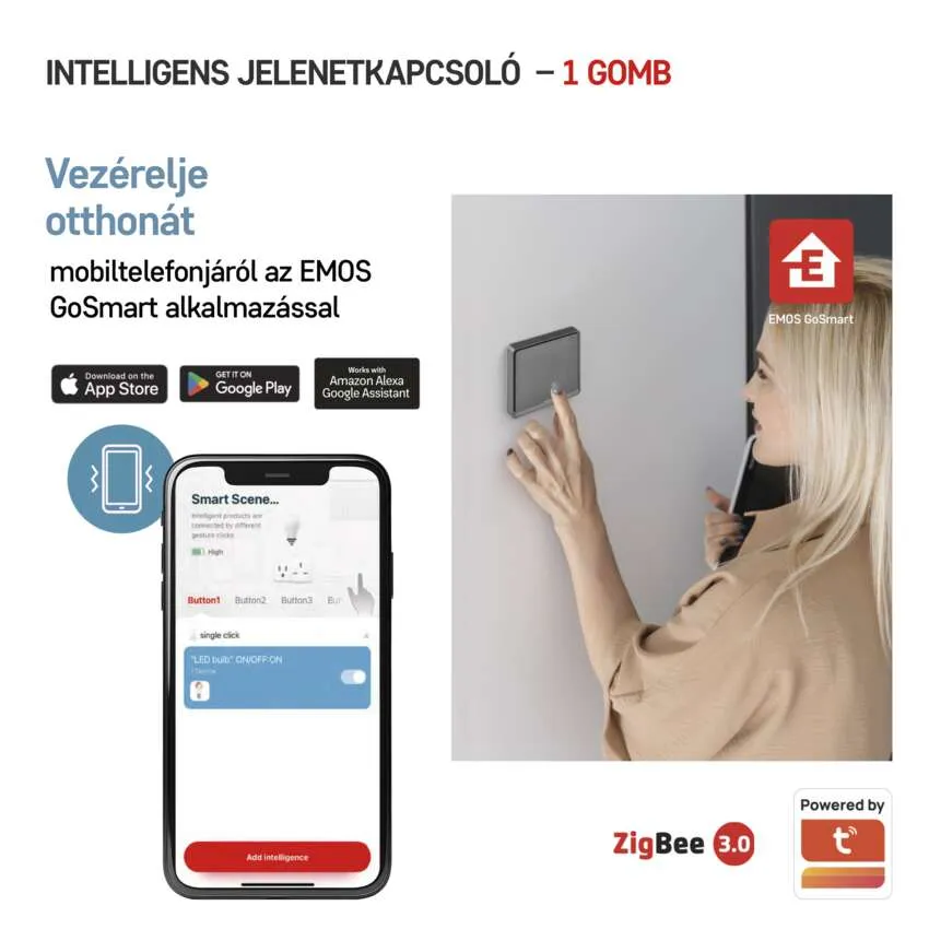 Egy nő okoskapcsolót kezel egy, a vezérlőalkalmazást mutató telefonnal.