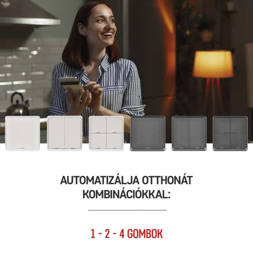Több okoskapcsoló, egy mosolygó nővel, aki egy táblagépet tart a konyhában.