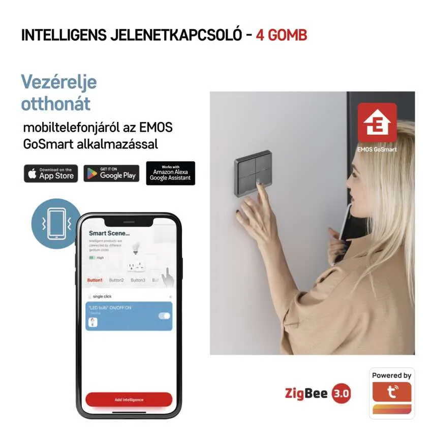 Több okoskapcsoló látható, szöveggel: 1, 2 és 4 gomb.