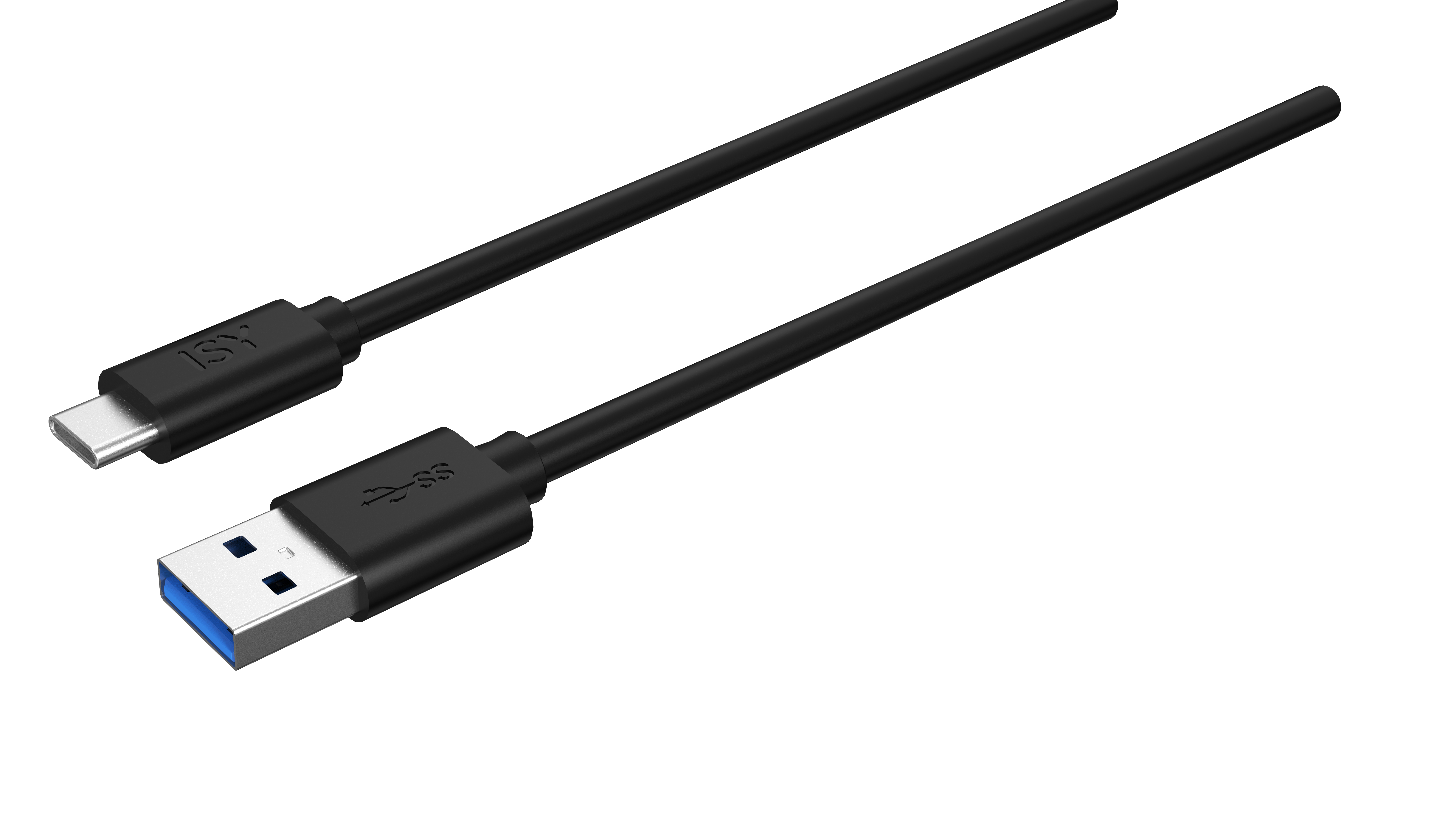 Ein schwarzes USB-Kabel mit einem USB-C- und einem Standard-USB-Anschluss auf weißem Hintergrund.
