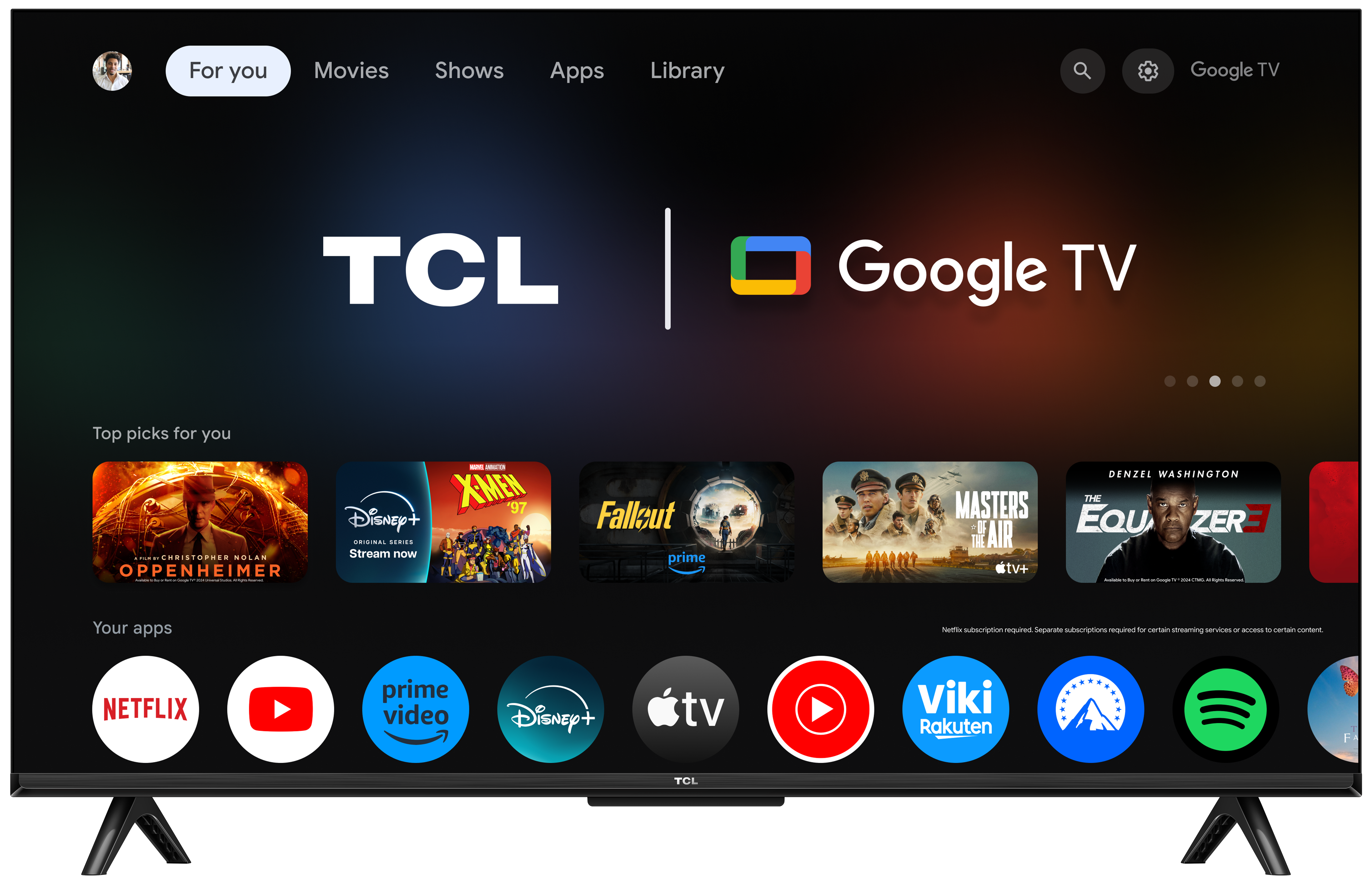 Ekran TCL Google TV pokazujący interfejs domowy z ikonami aplikacji i rekomendacjami wideo.