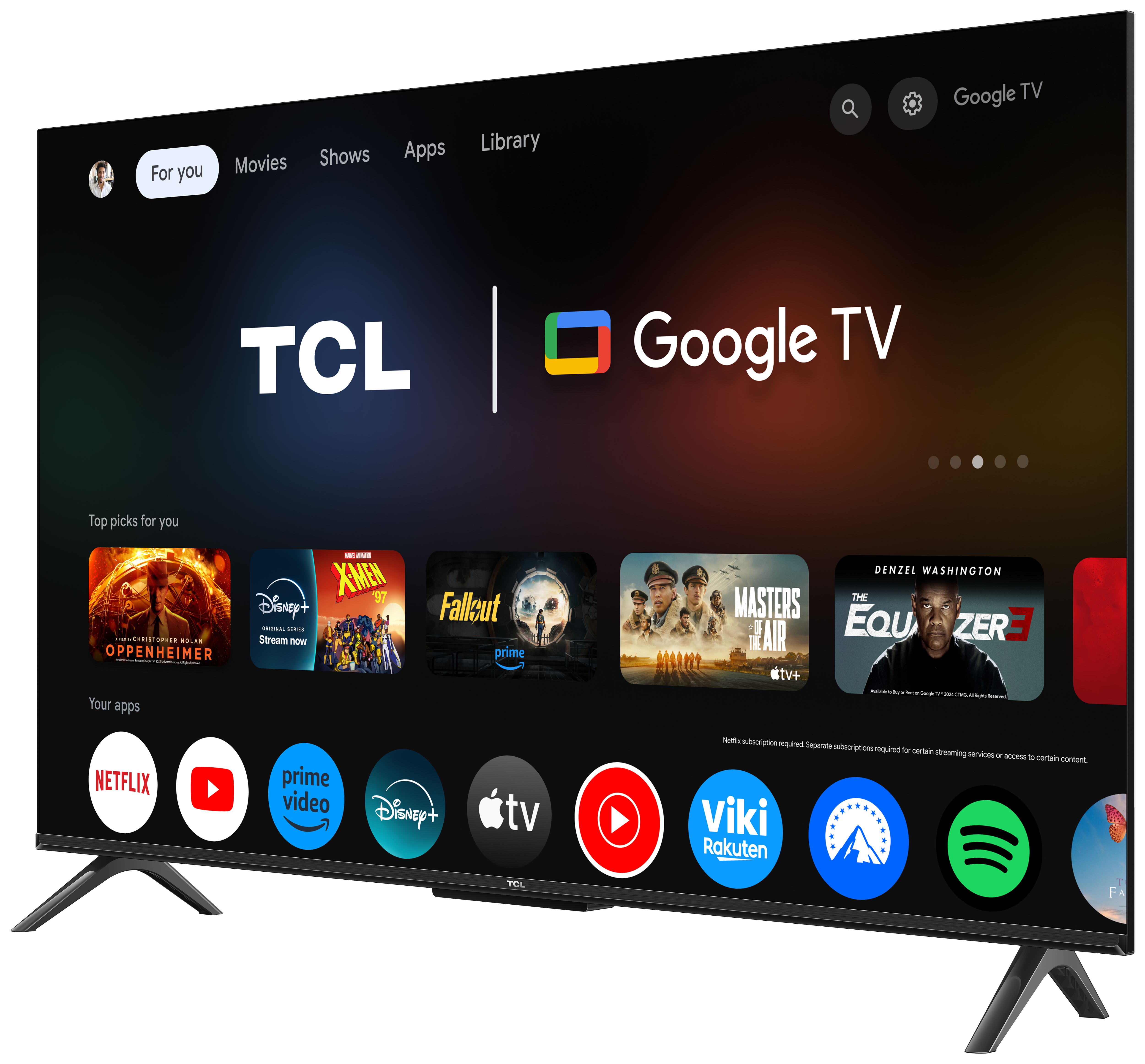 Ekran TCL Google TV z perspektywy, wyświetlający ekran główny z ikonami aplikacji.