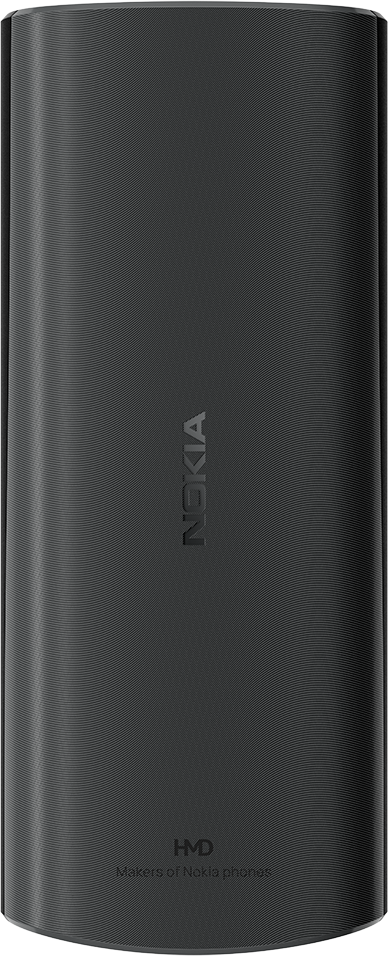 Egy fekete telefon, Nokia logóval. A telefon függőlegesen van. A háttér sötét.