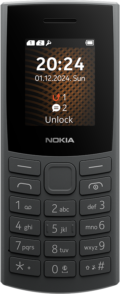 Egy fekete Nokia telefon. A képernyőn az idő és a dátum látható. A háttér elmosódott.