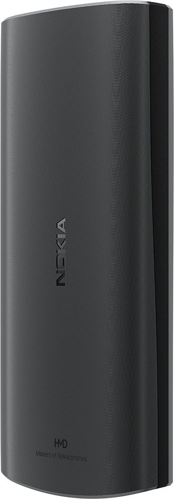 Egy fekete telefon, Nokia logóval. A telefon függőlegesen van. A háttér elmosódott.