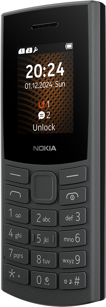Egy Nokia telefon. A képernyőn az idő és a dátum látható. A háttér elmosódott.
