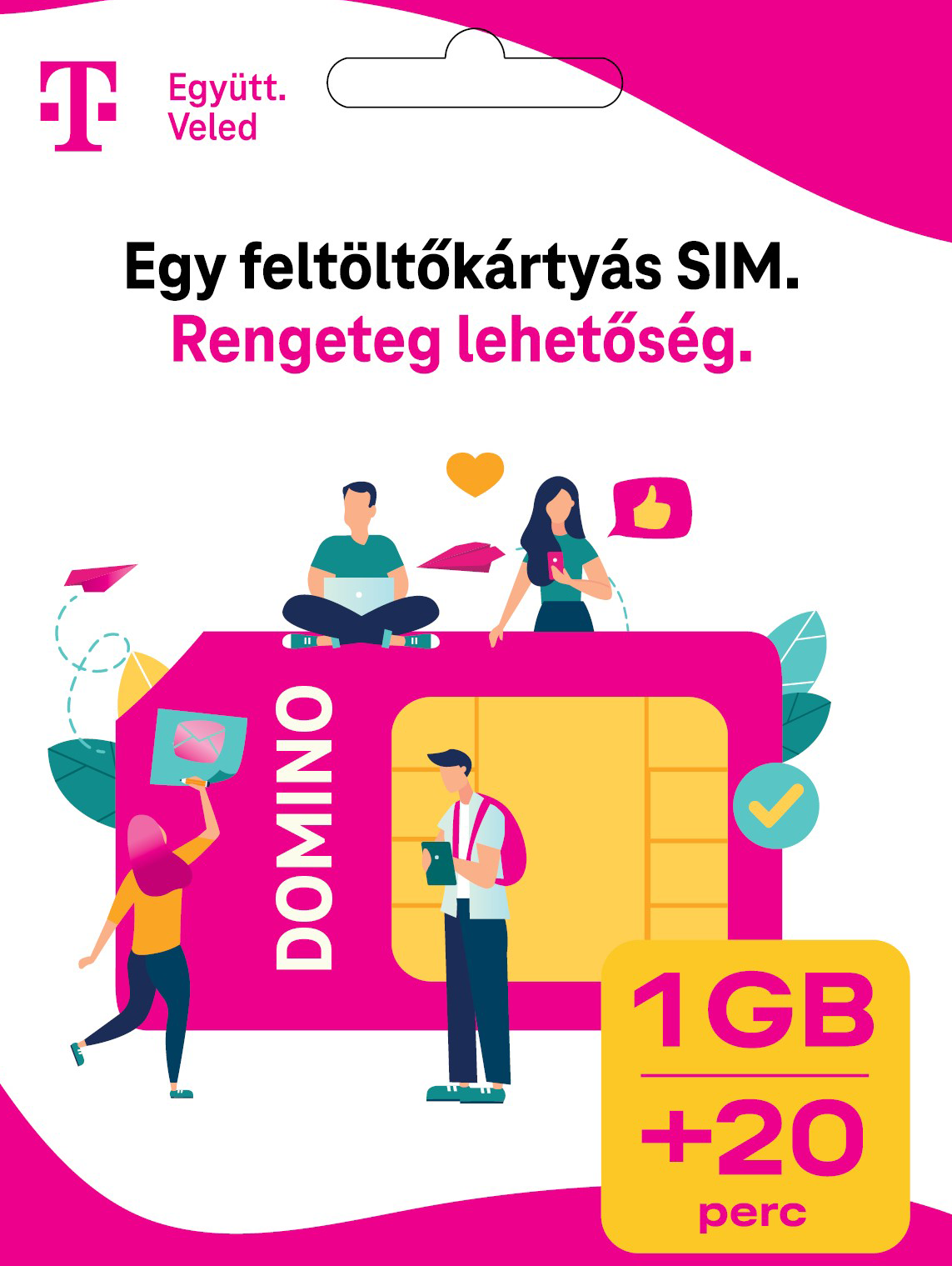 Egy rózsaszín SIM-kártya, emberekkel körülvéve. Szöveg és grafika van a kártyán. A háttér rózsaszín.