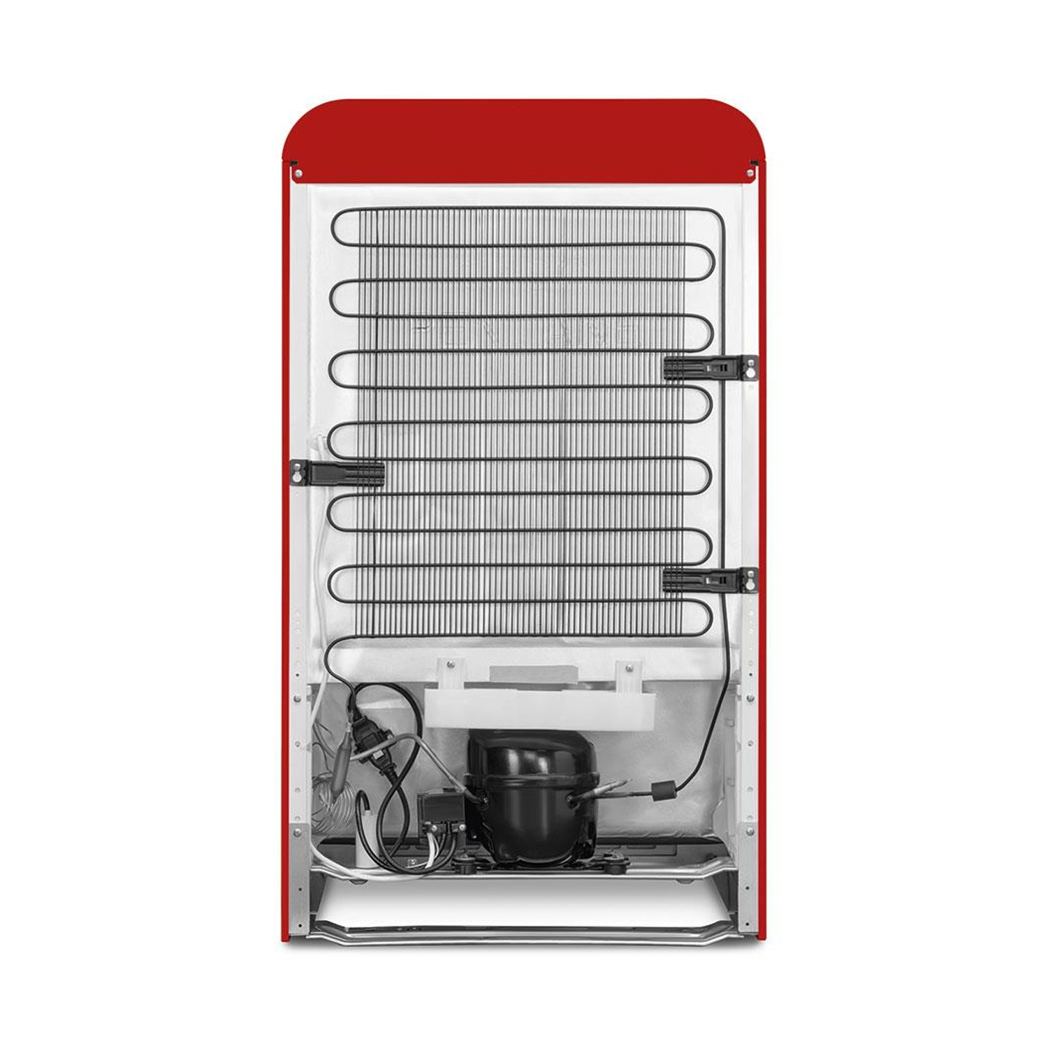 Retro di un frigorifero SMEG rosso. Le bobine, il compressore e altri componenti sono visibili.