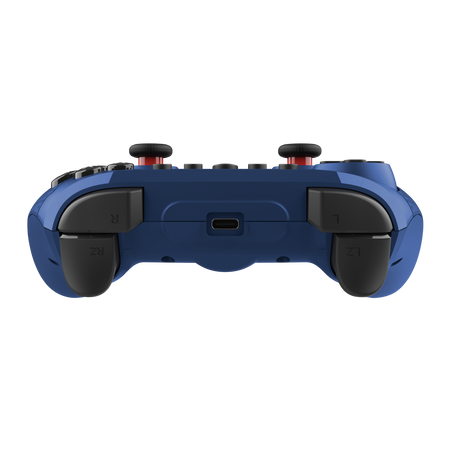 Ciemnoniebieski gamepad widziany od dołu. Posiada czarne przyciski i czerwone akcenty.