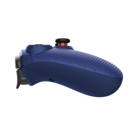 Widok z boku ciemnoniebieskiego gamepada z czarnymi przyciskami i czerwonymi akcentami. Na czarnym tle.