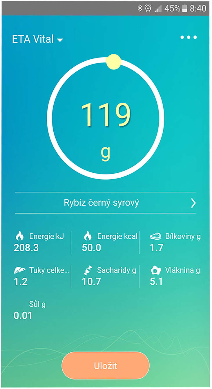 Okostelefon képernyő 119g étellel és táplálkozási információkkal. Az alkalmazás ETA Vital.