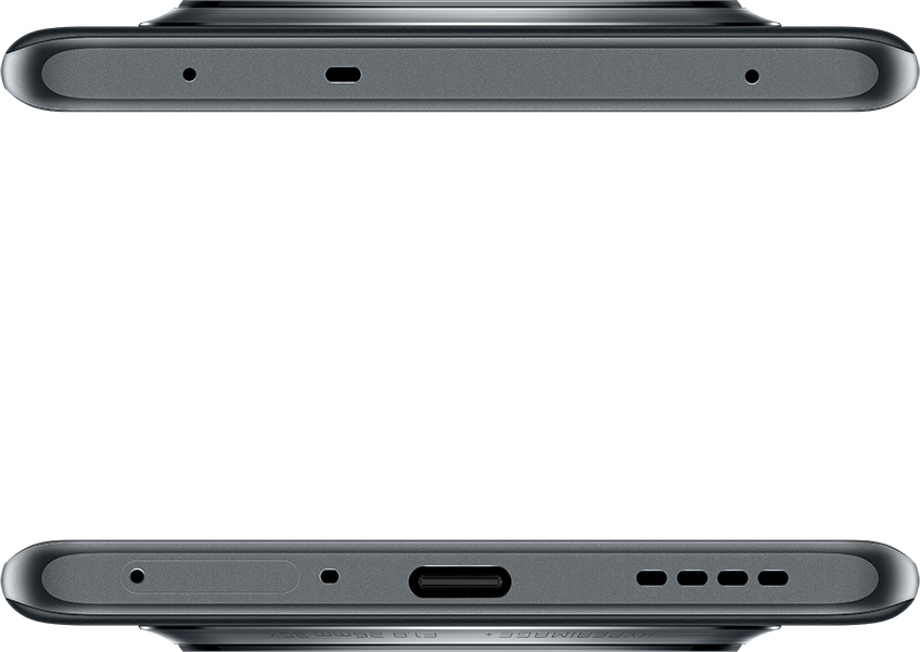 Szürke telefon felül- és alulnézete, portokat és mikrofonnyílásokat mutat.