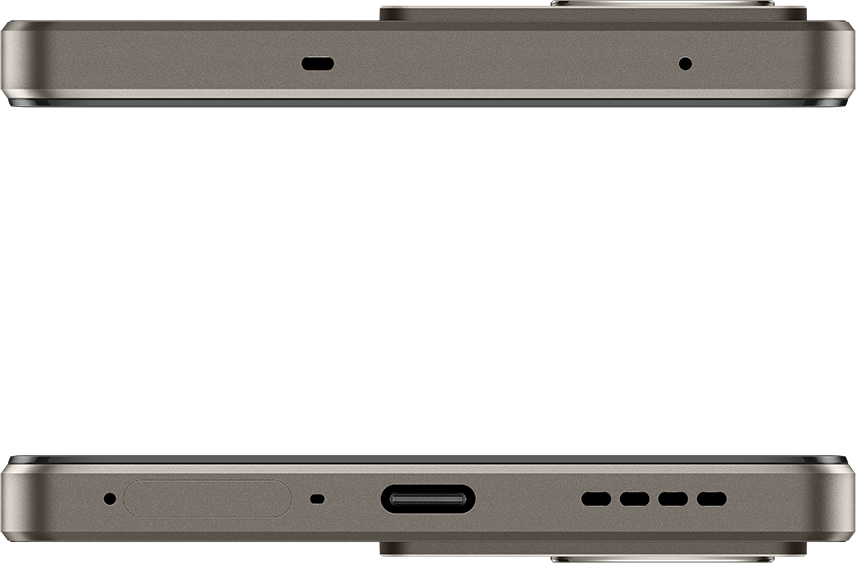 Szürke telefon teteje és alja, portokat és mikrofonnyílásokat mutat.