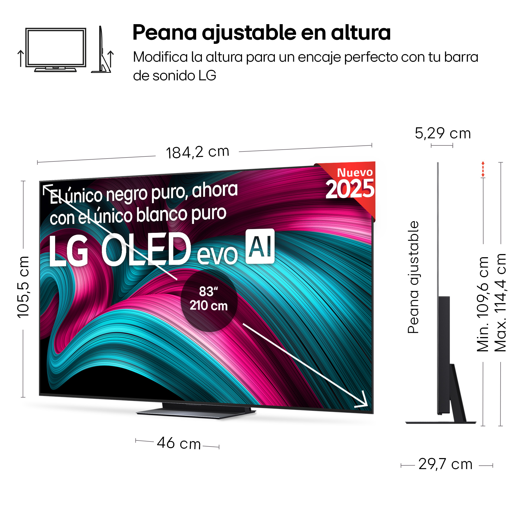 Pantalla de TV con dimensiones y detalles de ajuste de altura.