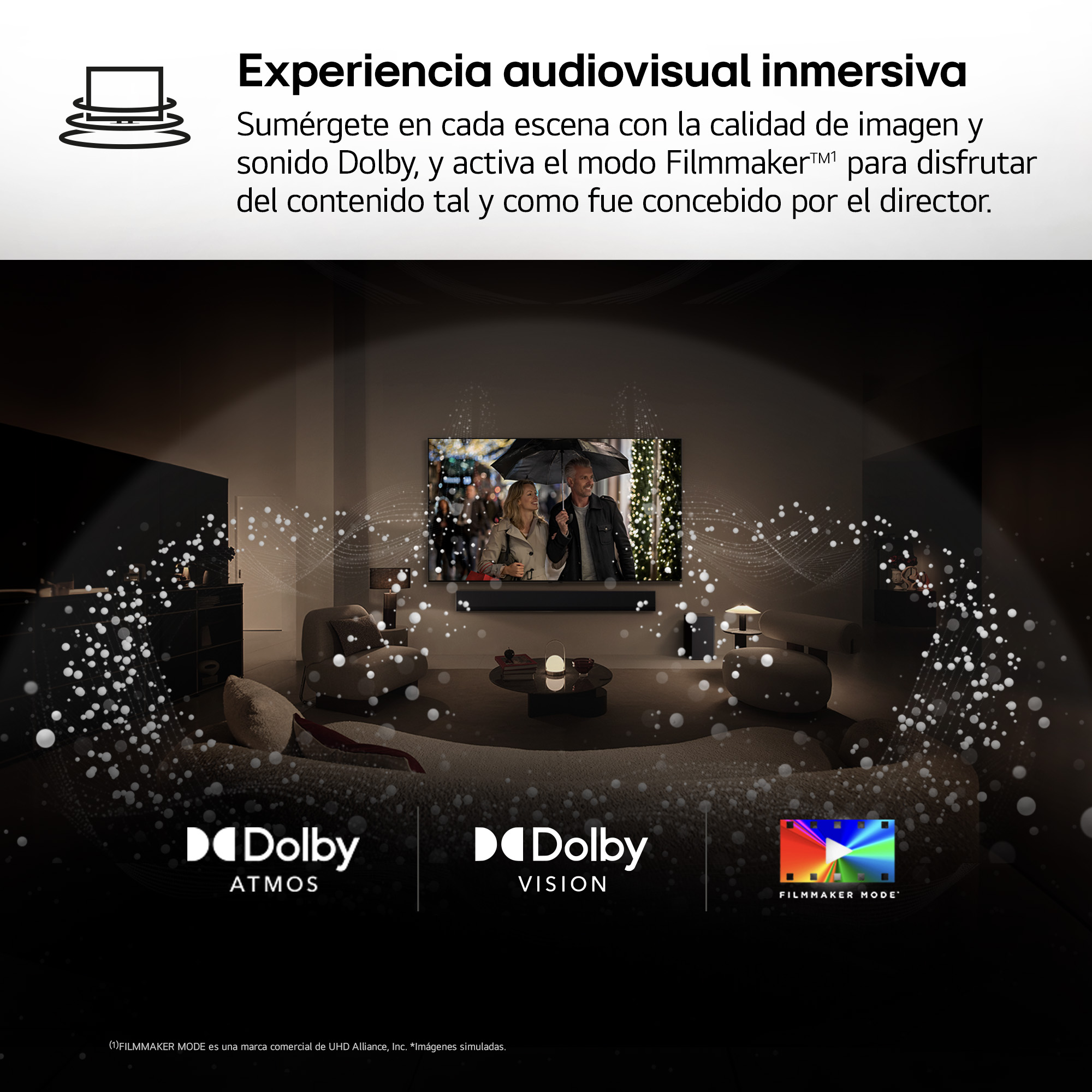 Una escena de sala de estar con un televisor que muestra una pareja, con los logotipos de Dolby Atmos y Vision.