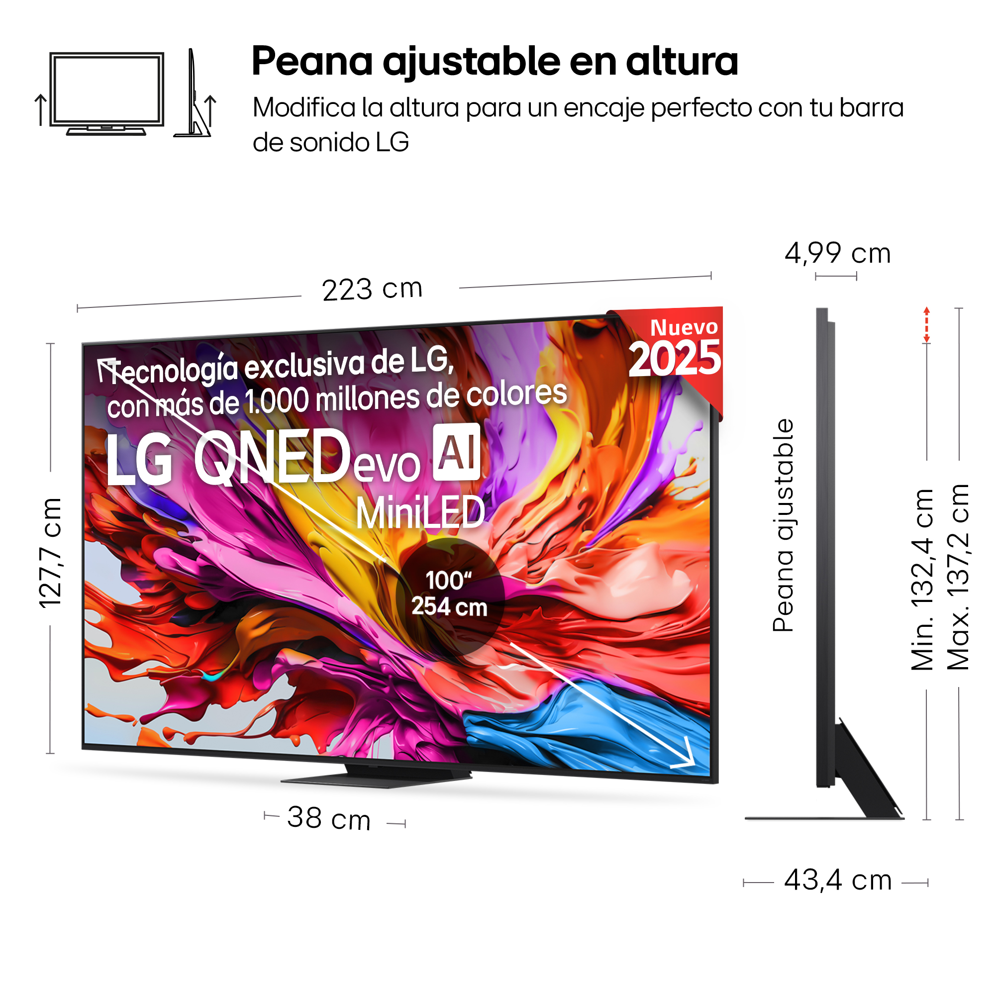 Un televisor con un soporte que se ajusta en altura, con medidas.