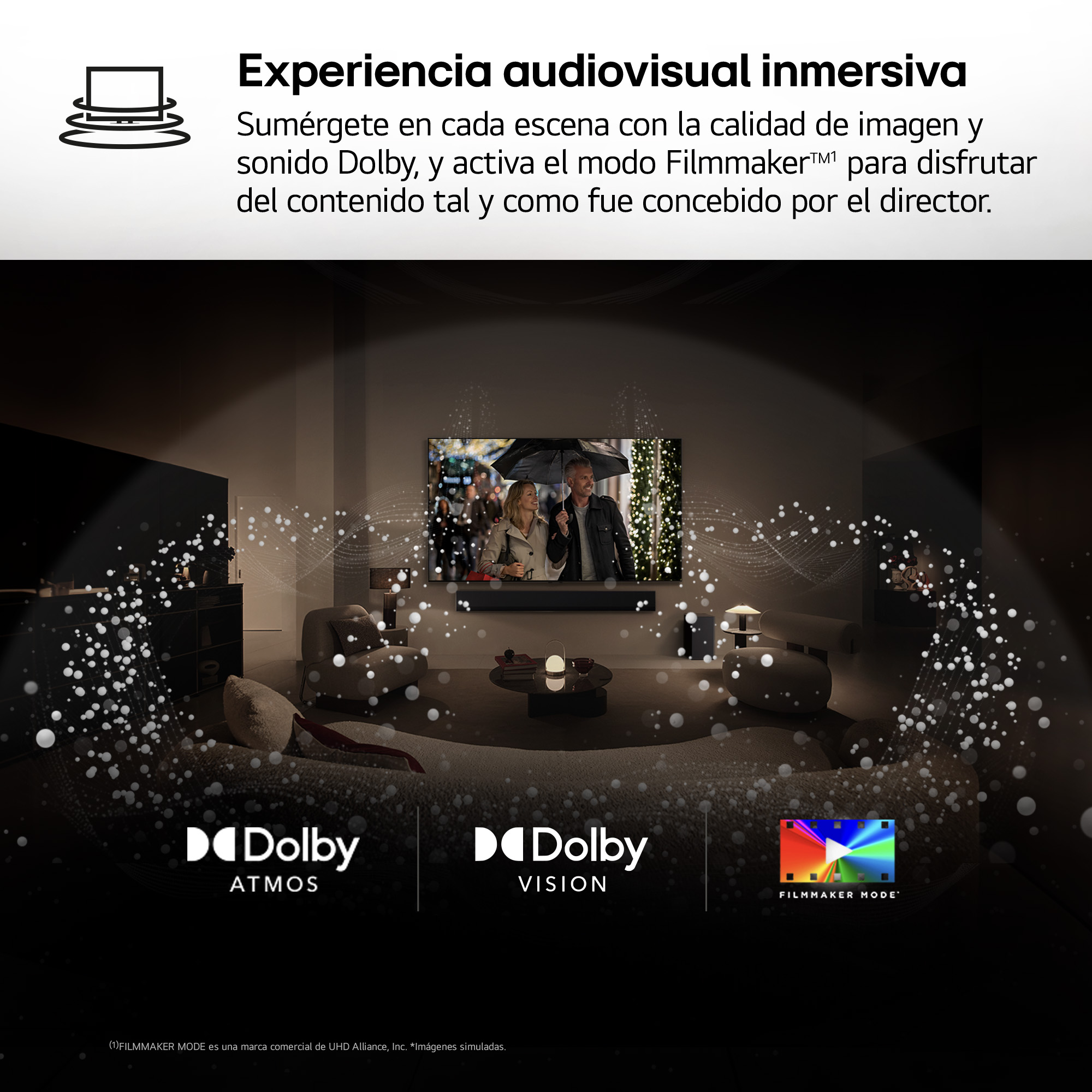Una sala de estar con un televisor mostrando una escena. Logos de Dolby Atmos, Vision y Filmmaker Mode.