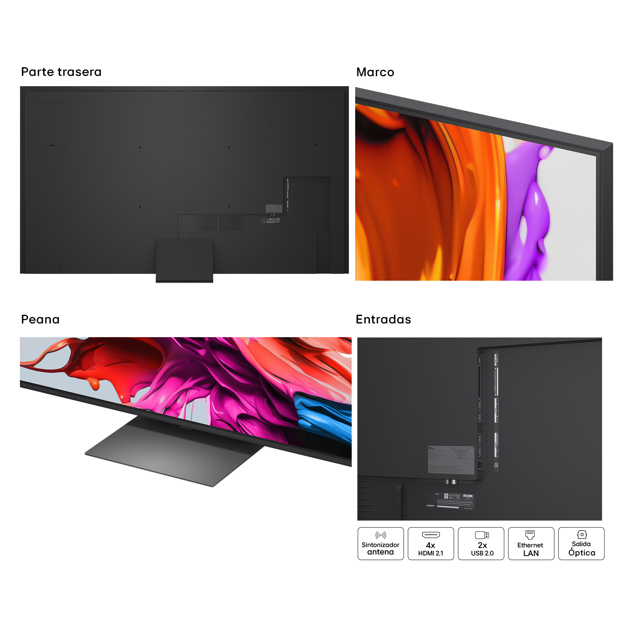 Primer plano de una unidad de TV, mostrando el panel trasero, marco, soporte y puertos de entrada.