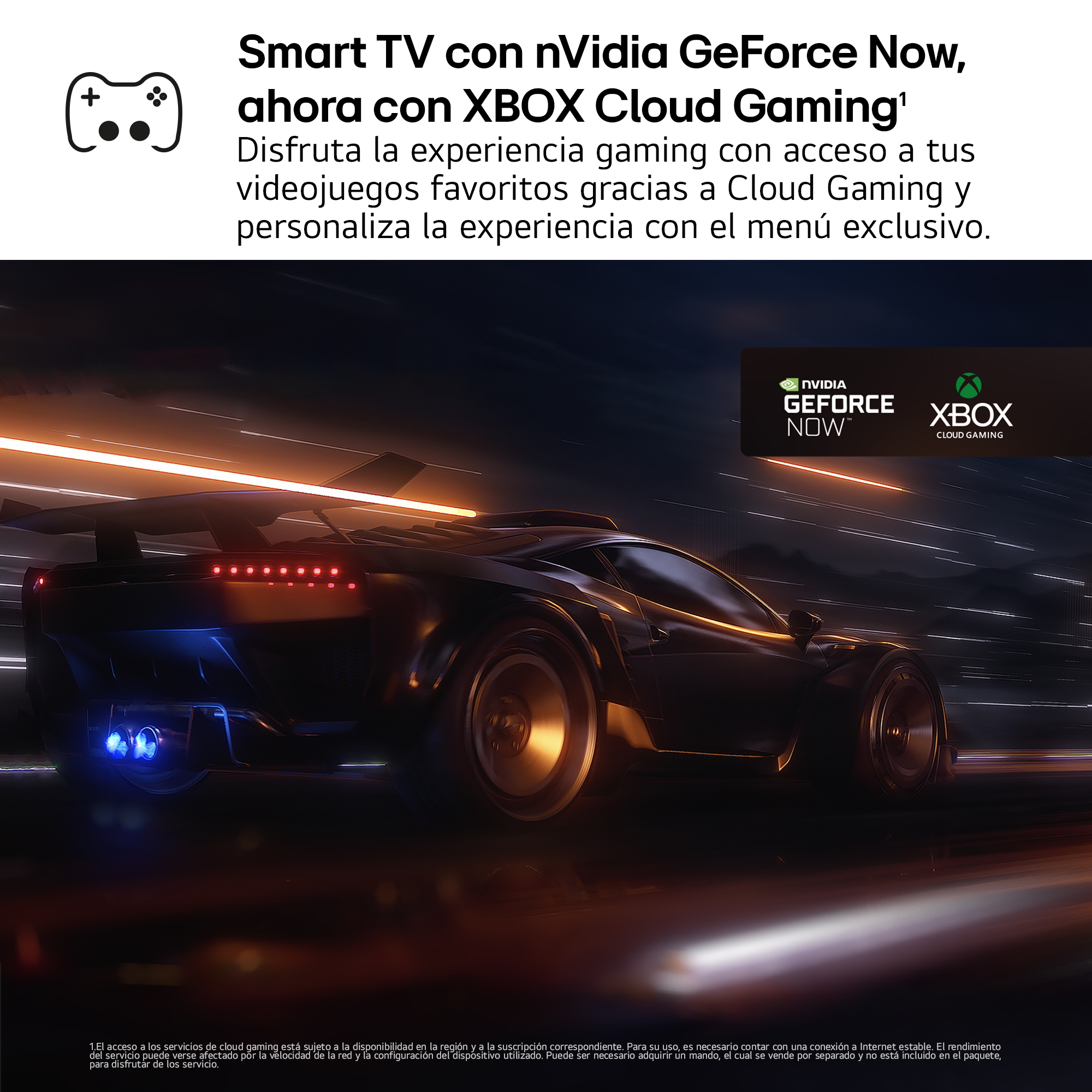 Imagen de un coche de carreras con líneas de velocidad y los logotipos de Nvidia GeForce Now y Xbox Cloud Gaming.