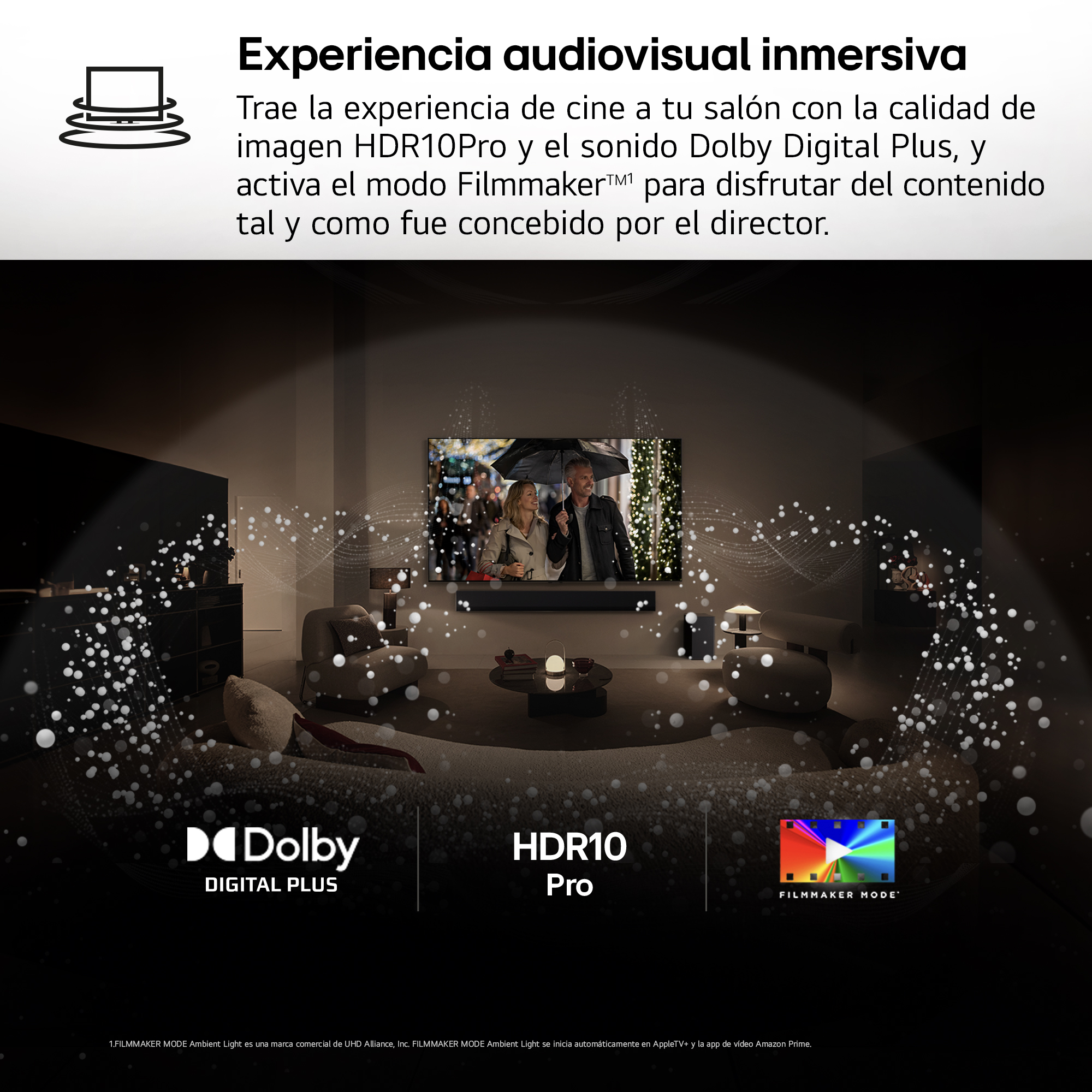Escena de sala de estar con TV mostrando una película, logotipos Dolby Digital Plus, HDR10 Pro y Modo Cineasta.