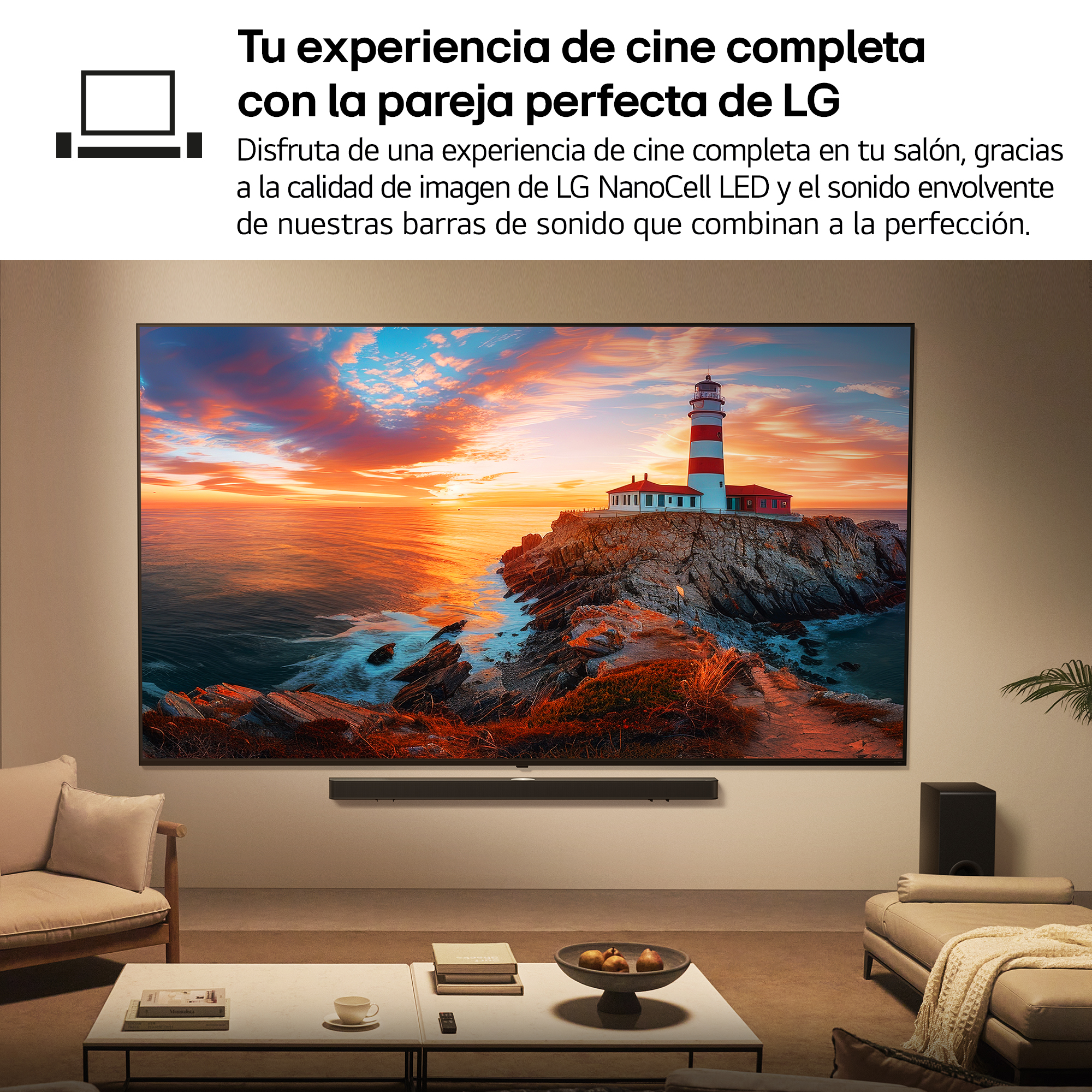 Escena de sala de estar con un televisor que muestra una escena de faro y una barra de sonido debajo.