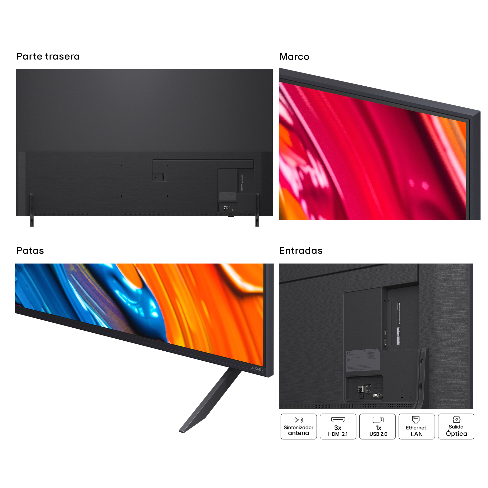 Diagrama que muestra la parte trasera, el marco, las patas y las entradas de un televisor. Los detalles de los puertos son visibles.